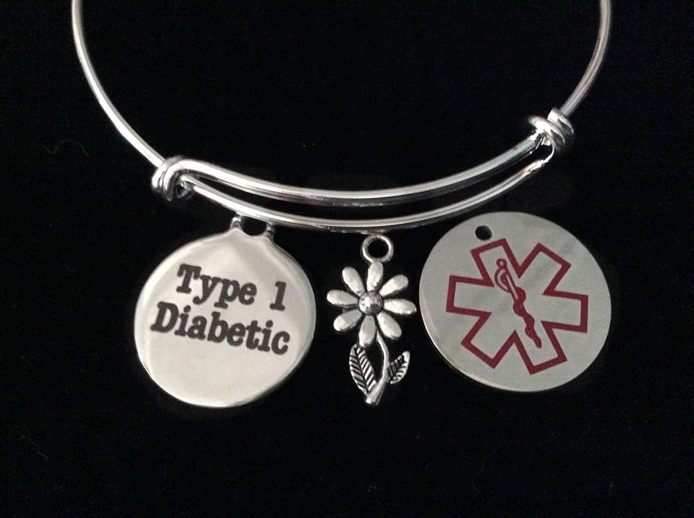 Medical Alert Type 1 Diabetic Expandable Charm Bracelet Diabetes Silver Adjustable