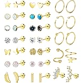 Staligue 21 Pairs Surgical Steel Flat Back Earrings Set for Women Men Hypoallergenic 20G Stainless Steel Stud and Hoops Earrings for Sensitive Ears Small Cz Heart Star Moon Opal Cartilage Earrings