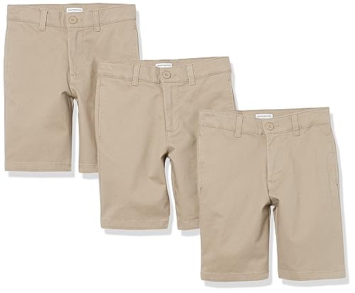Amazon Essentials Boys' Uniform Woven Flat-Front Shorts - Discontinued Colors, Pack of 3, Khaki Brown, 16 Plus