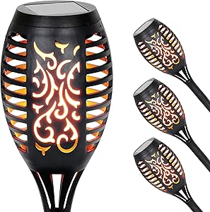 Exhart Flickering Flame Solar Torch Yard Stake – 4 Pack Small LED Tiki Torch Dancing Flame Stake to Illuminate Gardens & Events – Outdoor Waterproof Pathway Lights (3