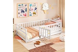 Giantex Twin Floor Bed with High Fence & Door, Montessori Floor Bed with 21.5" Safety Guardrails, Solid Wood Twin Beds Frame 