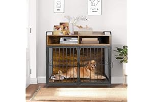 PNOCHOO 41 inch Dog Crate Furniture for Large Dogs,Wooden Dog Crate with Divider,Double Door Dog Kennel with Two Drawers Storages,Reinforced Horizontal Bars,Indoor Dog Crate