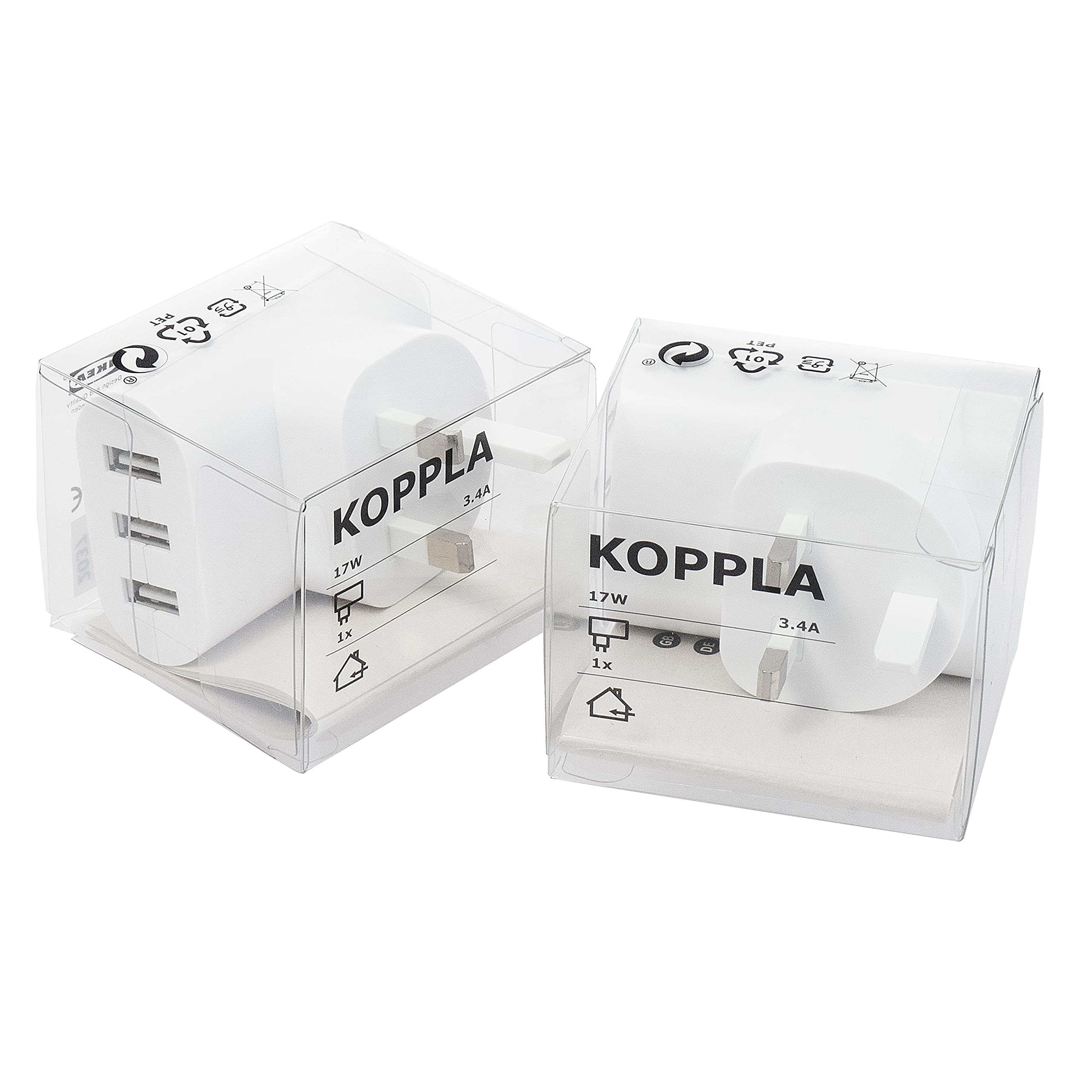 Ikea KOPPLA USB Mains 3-Port USB Charger, UK 3-Pin, 2.4 Amps Per Port, 5Vdc - Set of 2
