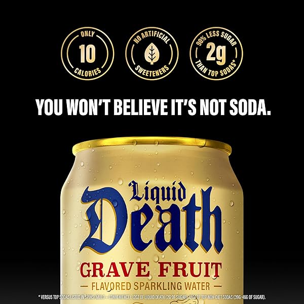 LIQUID DEATH SODA-FLAVORED SPARKLING WATER – GRAVE FRUIT (GRAPEFRUIT FLAVOR), LESS SUGAR*, HUGE FLAVOR, NO CAFFEINE, NO ARTIFICIAL SWEETENERS, 12 FL OZ (PACK OF 12)