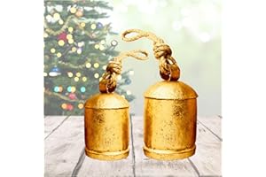 ALADEAN Rustic Decorative Bells Set of 2 - Giant Harmony Cow Bells Huge | Handmade Vintage Christmas Bells Golden Cowbell Country Style Jute Rope Hanging Bell Wall Decor (2X Harmony Bells 4"-6")