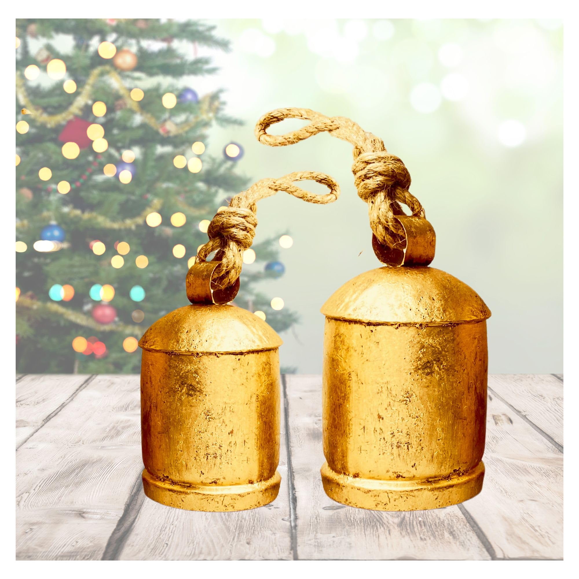 Photo 1 of Rustic Decorative Bells Set of 2 - Giant Harmony Cow Bells Huge | Handmade Vintage Christmas Bells Golden Cowbell Country Style Jute Rope Hanging Bell Wall Decor (2X Harmony Bells 4"-6")