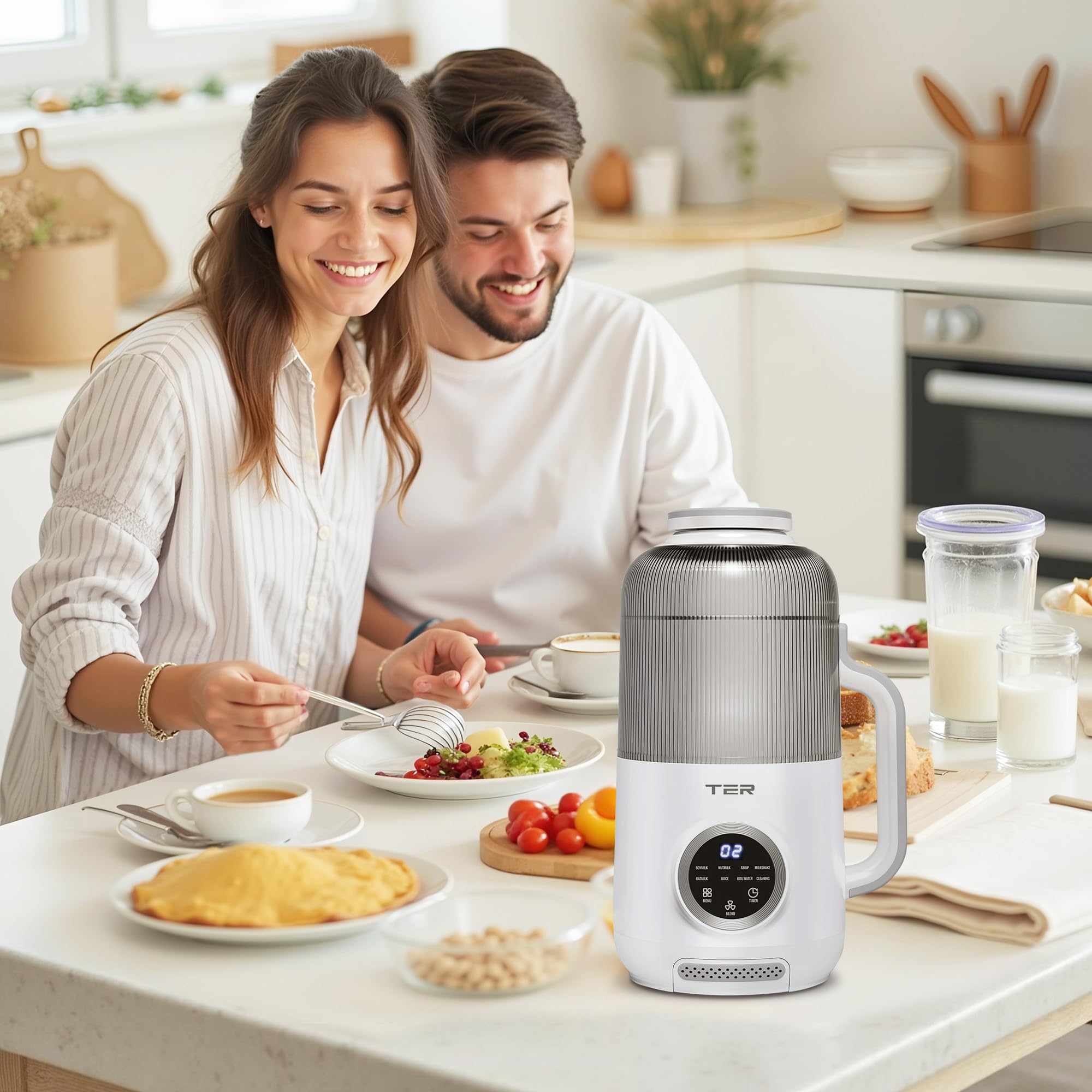 Máquina para hacer leche de nueces 10 en 1, máquina eléctrica para hacer leche de frijoles y nueces, licuadora para hacer leche de soja de 40 oz para almendras, avena, soja, coco, jugo, batido con inicio retardado/hervir agua/mantener caliente/limpieza automática, color blanco