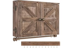 EXCELLO GLOBAL PRODUCTS Rustic Wall Mounted Jewelry Organizer with Wooden Barndoor Decor. Jewelry holder for Necklaces, Earrings, Bracelets, Ring Holder, and Accessories. Includes hooks for hanging jewelry - Brown