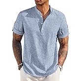 COOFANDY Men's Casual Henley Shirt Short Sleeve Band Collar Linen Shirt Summer Beach Hippie T-Shirts