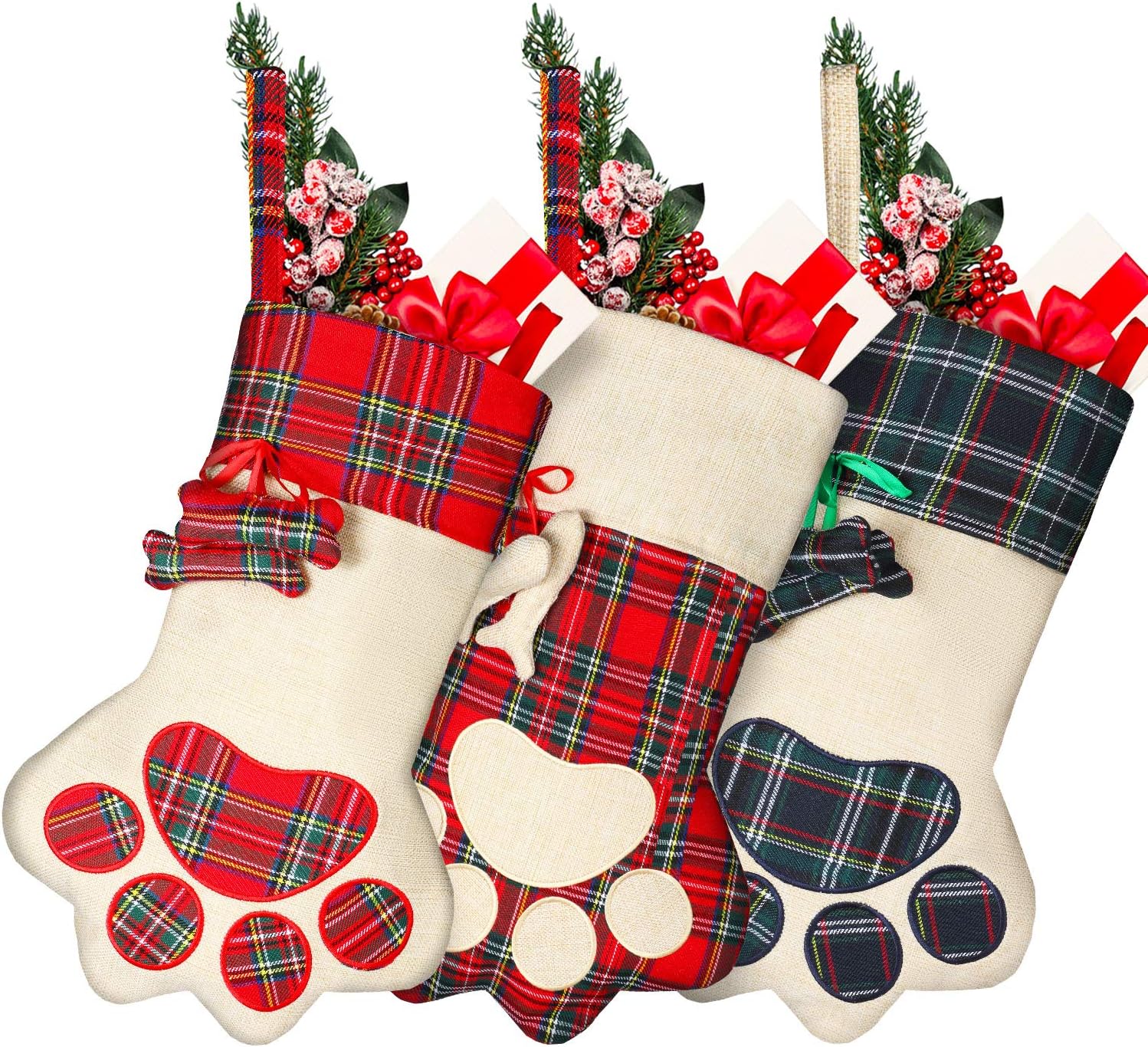 Stockings & Holders - 3 Pieces 18 Inch Christmas Plaid Stockings PET Paw Stockings Fireplace Hanging Stockings Hanging Decoration (Simple Style)