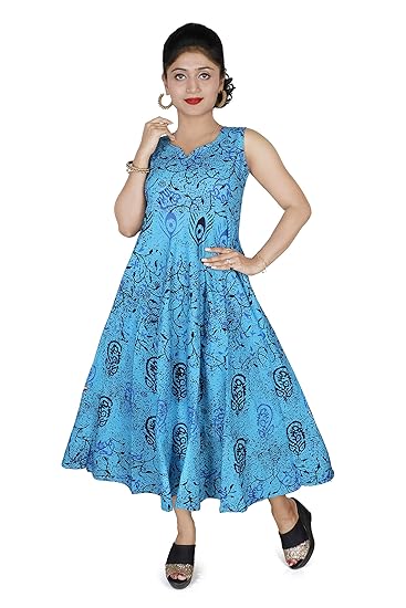 Women's Ethnic Cotton Jaipuri Maxi With Sleeves Inside (Free Size, Blue)