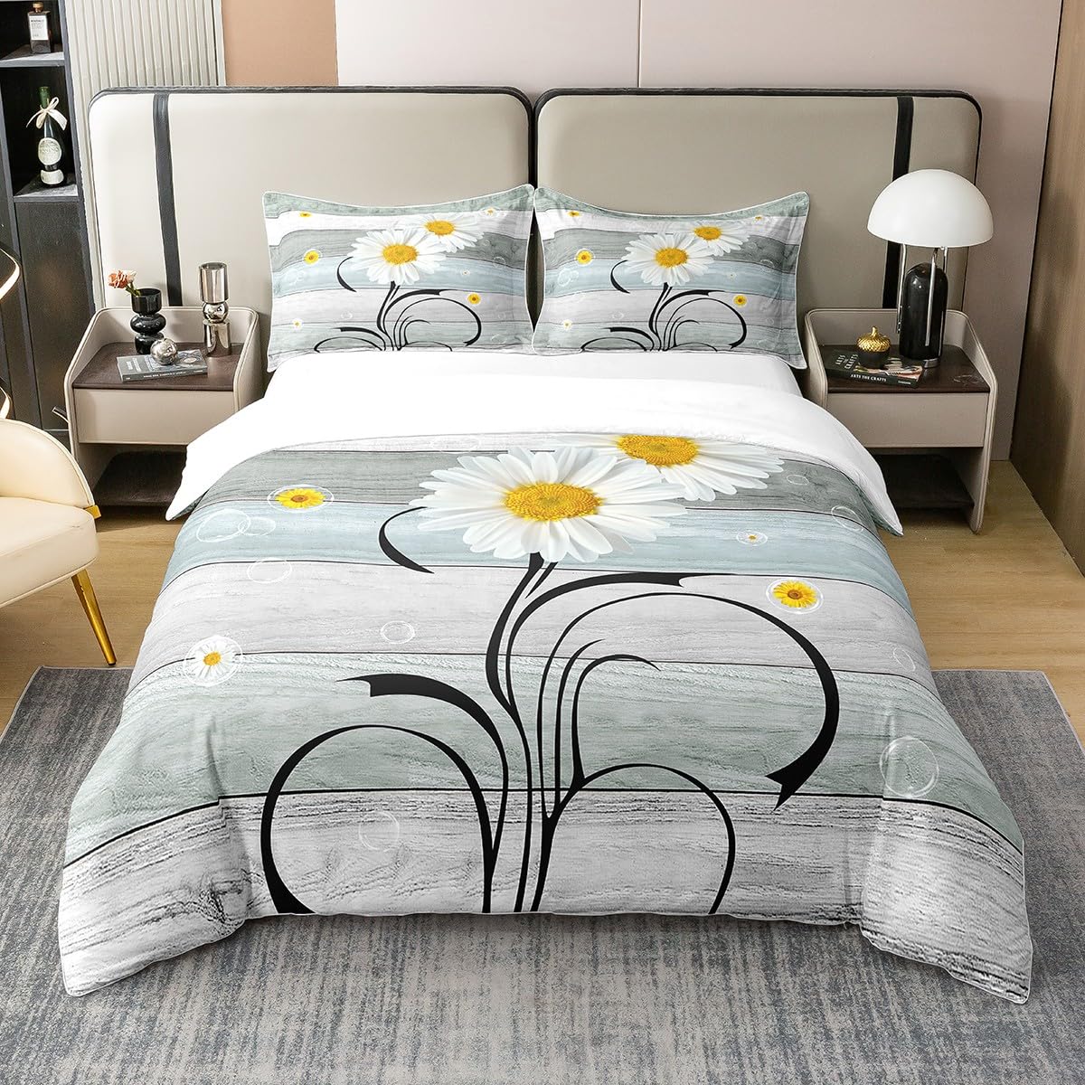 Homewish White Daisy Cotton Duvet Cover King,Vintage Yellow Flower Bedding Set,Rustic Farmhouse Wooden Board Comforter Cover,Retro Cabin Barn Door Bed Sets with 2 Pillowcases,Turquoise Teal — image 1