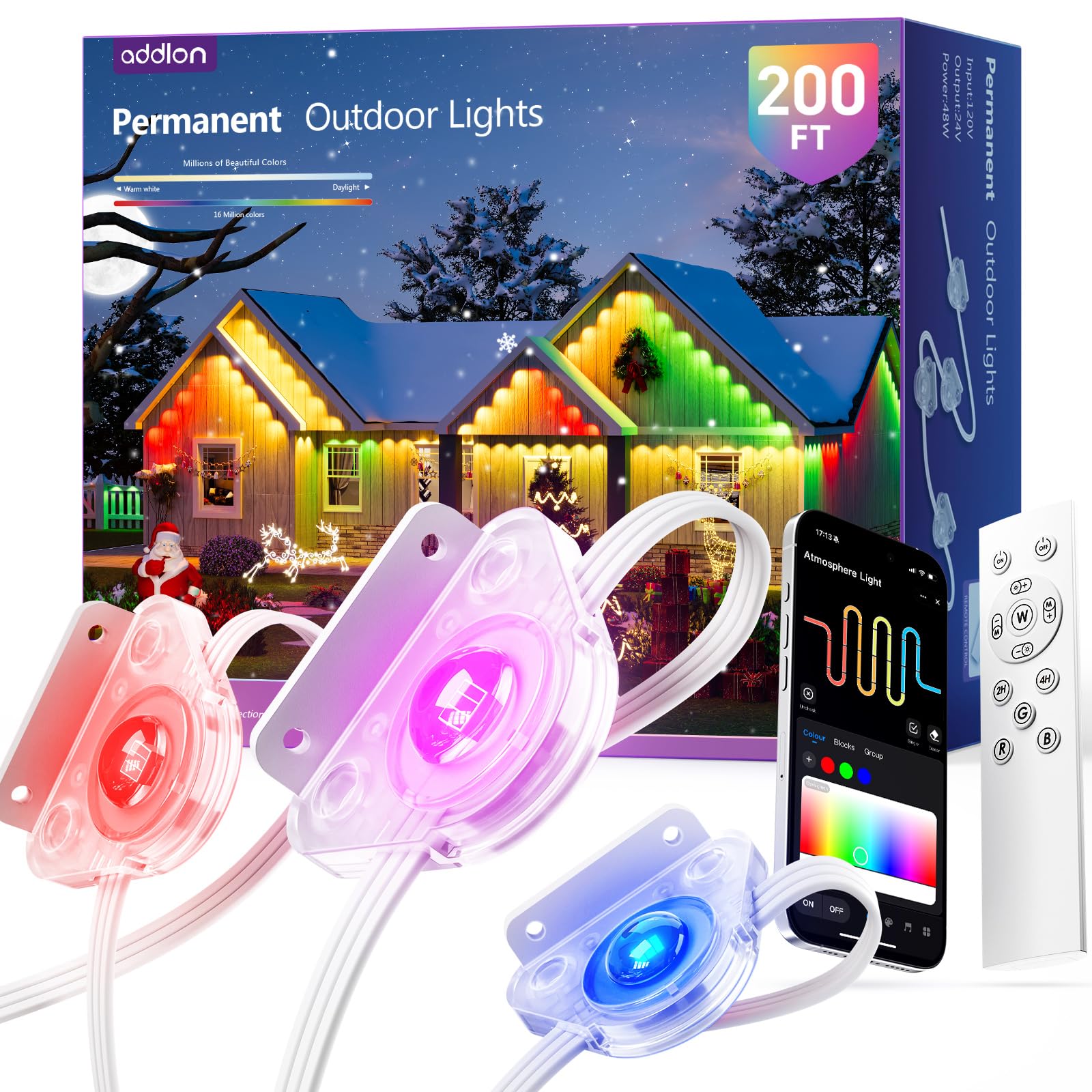 Photo 1 of addlon Permanent Outdoor Lights, Smart RGB+IC LED Lights for House & Outdoor Decor, App & Remote Control, Scene Modes, IP67 Waterproof for Christmas, Holiday, Valentine's Day Decorations, 200FT