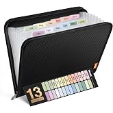 Sooez 13 Pocket Accordion File Organizer, Zipper Expanding File Folder A4 | Reinforced Plastic Accordion Folder Organizer, A4 Letter Size, Portable Folders for Documents, School Office Supplies, Black