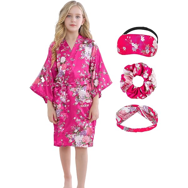 Girl's Flower Girl Kimono Robe - Embroidered Satin Wedding Party Robe For Kids