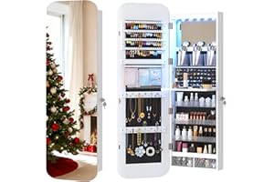 Vlsrka 47.2" LED Mirror Jewelry Cabinet, Wall/Door Mounted Full Length Mirror with Storage, Lockable Jewelry Armoire with Mirror, Rounded Corner Hanging Mirror Jewelry Organizer, White