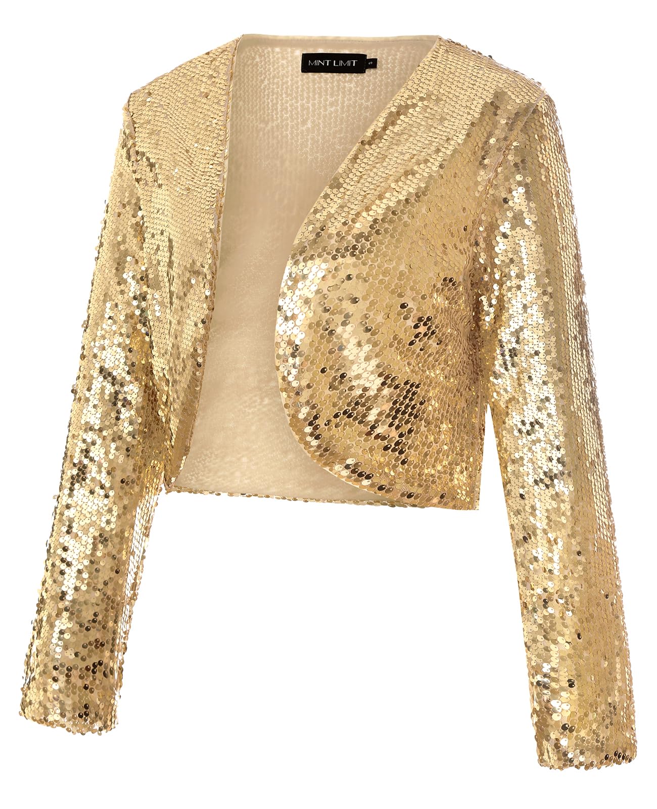 Photo 1 of MINTLIMIT Women's Sequin Jackets Long Sleeve Sparkly Party Shrug Open Front Glitter Cropped Bolero Cardigans (Gold - Size S)