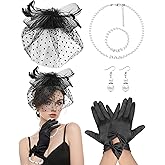 Fascinators Hat with Veil for Women Tea Party Funeral Wedding Cocktail 1920s Events, Satin Gloves and Pearl Jewelry Set
