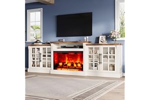 LUXOAK 97" Farmhouse TV Stand with 33" Fireplace for TVs up to 100", Media Entertainment Center with Large Storage Cabinet Adjustable Shelves for Living Room, White/Barnwood