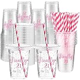 Funnymoom 50 Sets 21st Birthday Cups for Women 16 oz Plastic Cups with Lids and Straws Clear Happy Birthday Disposable Drinking glasses Bulk for Finally 21 Anniversary Party Supplies