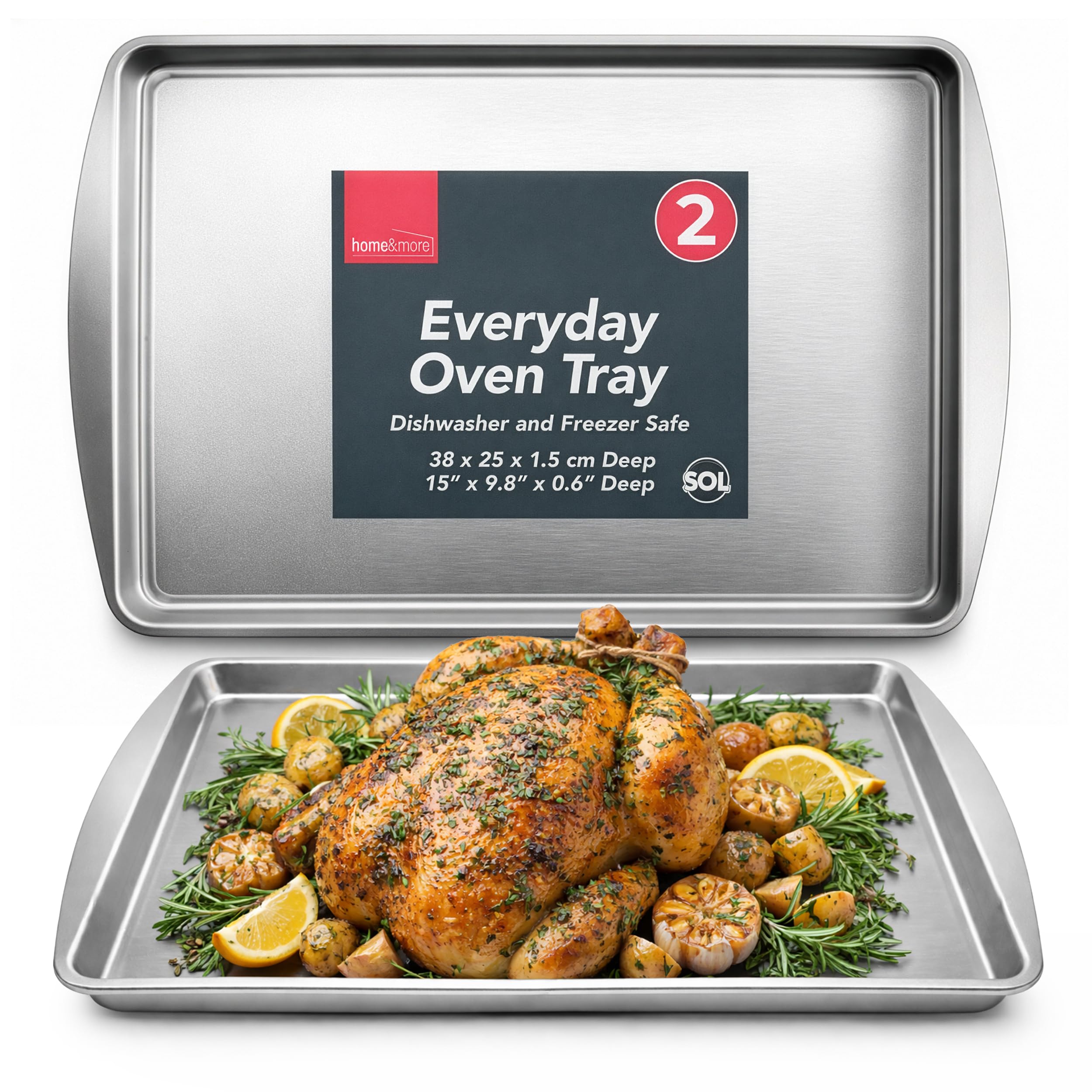 SOL 2pk Baking Trays for Oven 38x25cm Non Stick Sheet Pan Set for Roasting Grilling Food Preparation Durable Heat Resistant Metal Cookware Easy Clean Even Heating Home Kitchen Cooking Use