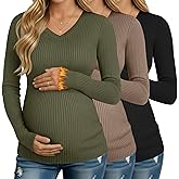 Velvelhall 3 Pack Women's Maternity Shirts Fleece Long Sleeve V Neck Ribbed Pregnancy Tops Slim Fit Base Layer Mama Clothes