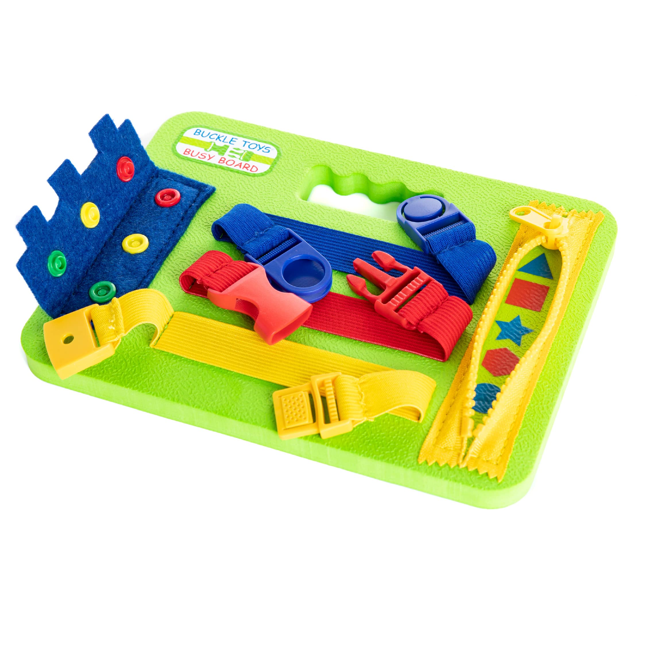 Buckle Toys Mini Busy Board - Montessori Learning Toy for Toddlers Great Kids Airplane Activies - Foam Sensory Board - Develop Fine Motor Skills - Green