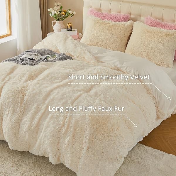 EMME LUXURY FUZZY DUVET COVER SET KING SIZE FLUFFY COMFORTER COVER SET FOR KING BED 2 PIECES SHAGGY AND PLUSH SOFT BEDDING DUVET COVERS (CREAM WHITE, KING)