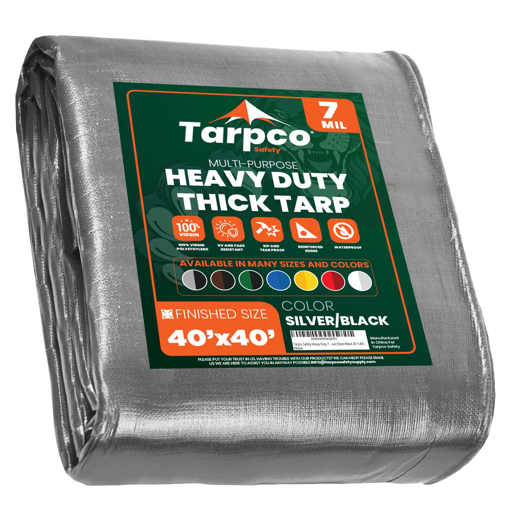 Tarpco Safety Heavy Duty 7 Mil Tarp Cover, Waterproof, UV Resistant, Rip and Tear Proof, Poly Tarpaulin with Reinforced Edges for Roof, Camping, Patio, Pool Cover, Boat (Silver/Black 40′ X 40′) Image Tarpco Safety Heavy Duty 7 Mil Tarp Cover, Waterproof, UV Resistant, Rip and Tear Proof, Poly Tarpaulin with Reinforced Edges for Roof, Camping, Patio, Pool Cover, Boat (Silver/Black 40′ X 40′) Image