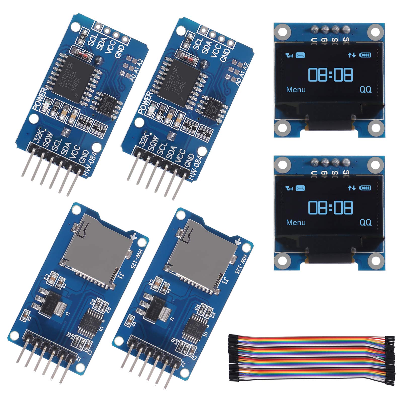 AITRIP Real Time Clock Kit,2pcs 0.96" IIC OLED LCD Screen LED 128X64 Display Blue with 2pcs DS3231 AT24C32 IIC RTC Clock Module + 2pcs Micro SD Mini TF Card Adapter Reader Driver+20cm Jumper Wire