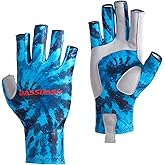 BASSDASH ALTIMATE Fishing Gloves Sun Protection Fingerless Hunting UPF 50+ Men’s Women’s UV Gloves (Blue Dyed Print, Medium)