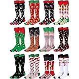 Suhine 12 Pairs Christmas Knee High Socks Bulk, Combed Cotton Christmas Socks Long Elf Socks Holiday Socks for Xmas Party Fav