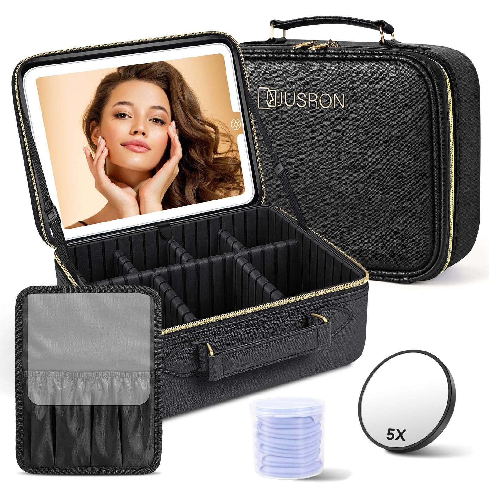 JUSRON Travel Makeup Bag with LED Mirror-3 Colors Modes, Portable Cosmetics Organizer with Adjustable Dividers Compartment, Light Up Vanity Case&Makeup Storage for Women with Makeup Accessories