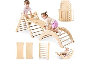 Belleur 7 in 1 Wood Pikler Triangle Set, Foldable Toddler Climbing Toys Indoor, Montessori Climbing Set with Ramp, Arch & Climbing Triangle, Baby Climbing Gym, Indoor Playground for Kids - Natural