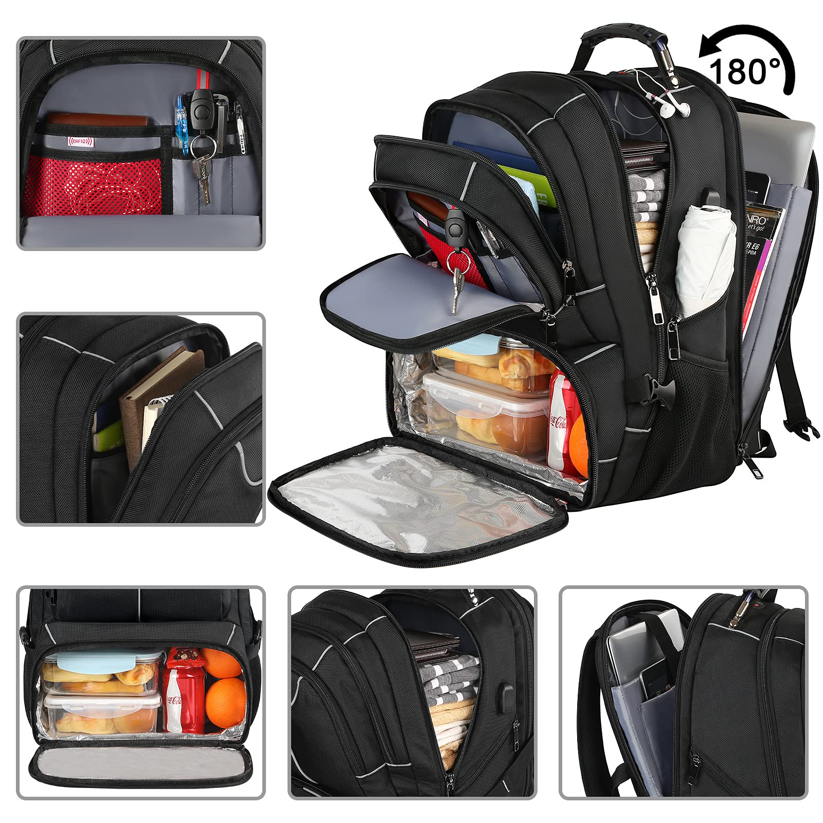 VECKUSON Lunch Bag Backpack, Insulated Cooler Lunch Box Backpack, Extra Large Travel Laptop Backpack TSA Friendly RFID Computer College bag with USB Port for Women Men Fits 17.3 Inch Laptop