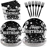96Pcs Black and Silver Birthday Party Supplies Black and Silver Plates Disposable 350GSM Black White Tableware Set Black Birthday Party Decorations for Men Women Glitter Birthday Party Favor,Serve 24