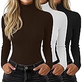 Velvelhall 3 Pack Women’s Ribbed Turtleneck Tops Long Sleeve Cotton Stretch Shirts Slim Fit Base Layer Undershirt Tees(Black, White, Brown,Medium)