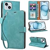 JHWVVTF for iPhone 15 Wallet Case, RFID Blocking 4 Card Slots Holder for iPhone 15 Phone Case, Wrist Strap, Shockproof Protective Stand Soft PU Leather Folio Flip Cover (Green)