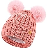 Women's Winter Warm Knit Beanie with Faux Fur Pom Skull Cap Cozy Fleece Lined Hat for Women