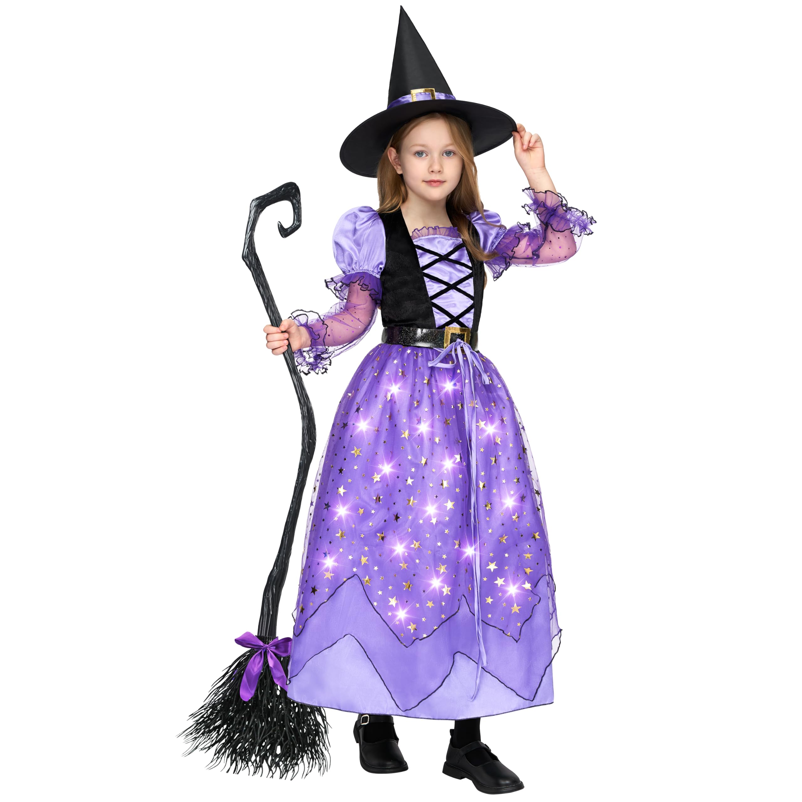 Photo 1 of Spooktacular Creations Girls Witch Costume, Light up Witch Costume Kids, Starry Dress with Broom Belt Hat for Child Halloween Role Play Parties, S