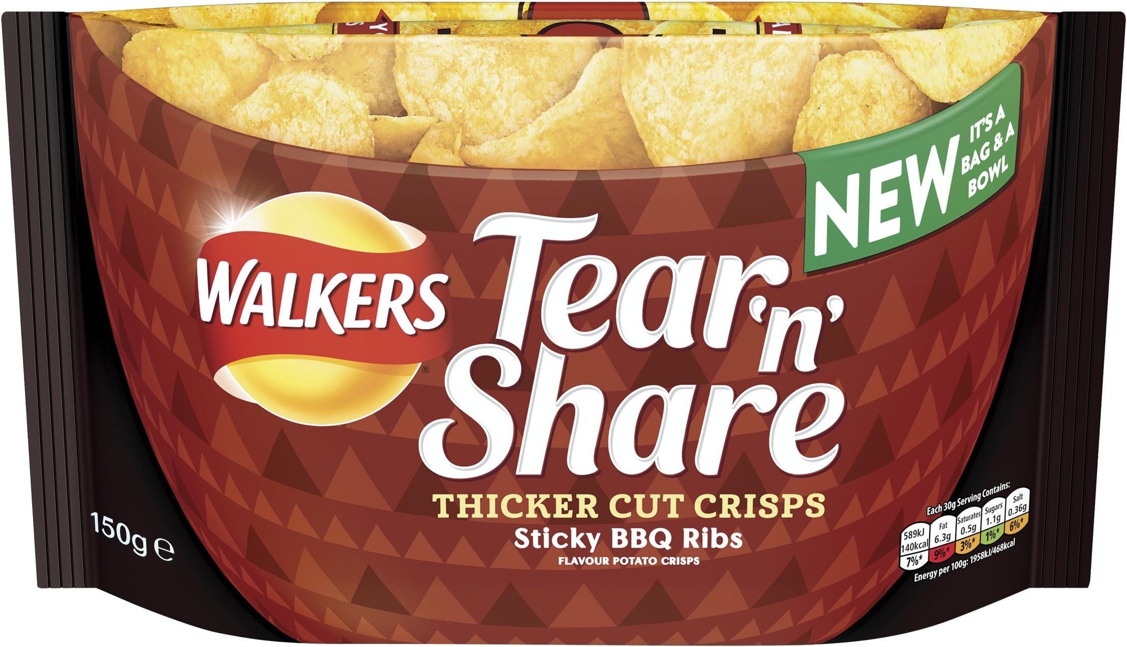 Walkers Tear and Share Sticky BBQ Ribs Thicker Cut Crisps Sharing Pack, 150 g