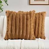FUTEI Camel Decorative Throw Pillow Covers 18x18 Inch Set of 2,Soft Fluffy Faux Mink Fur Dyeing Striped Textured Cushion Case,Modern Home Decor for Couch Bed Living Room