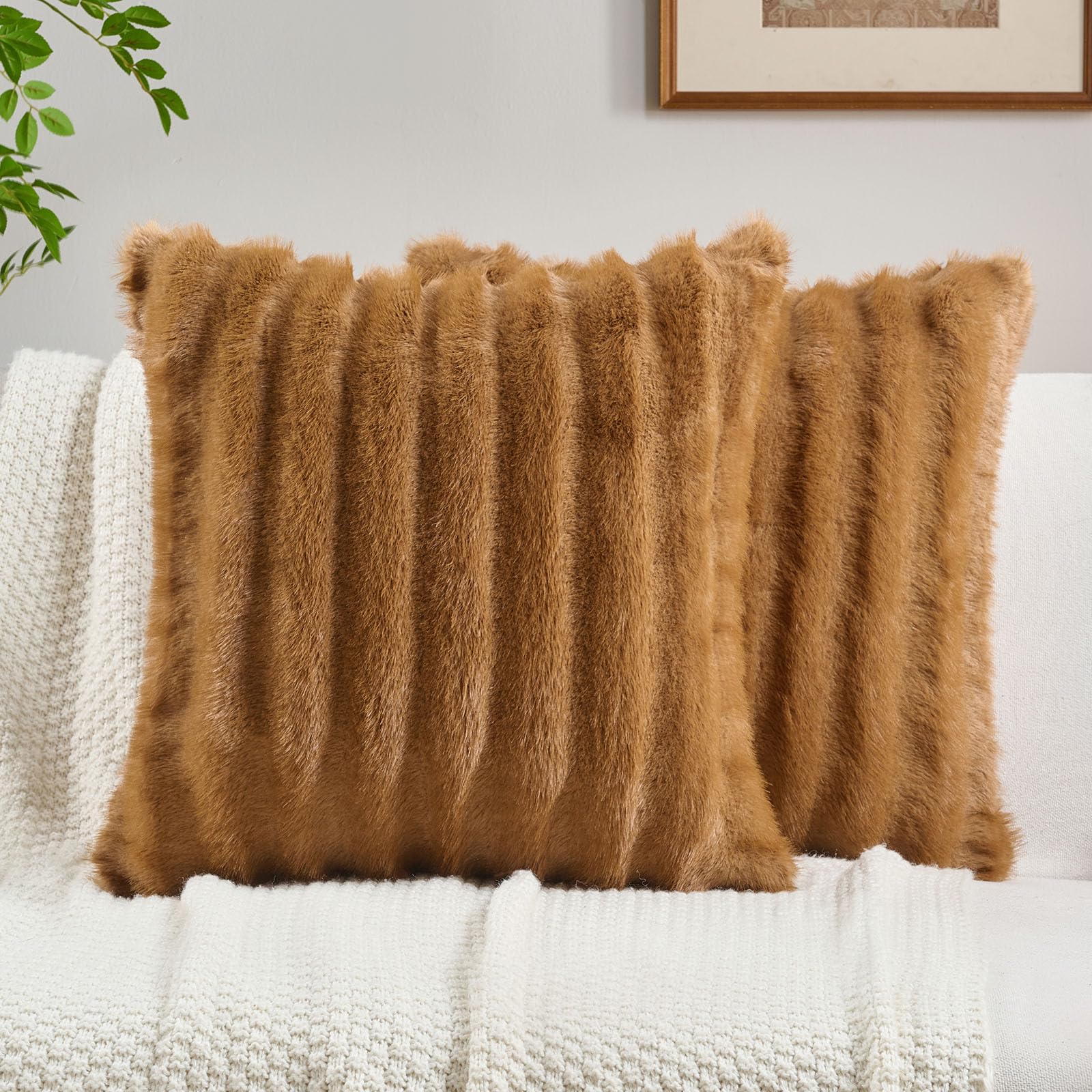 Photo 1 of FUTEI Camel Decorative Throw Pillow Covers 20x20 Inch Set of 2,Soft Fluffy Faux Mink Fur Dyeing Striped Textured Cushion Case,Modern Home Decor for Couch Bed Living Room