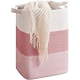 CLHMILY&Z 75L Laundry Hamper Rectangular Pink Rope Basket - 16x13x22 Inches - Dirty Clothes Storage Soft Organizer Bin for Blankets, Toys, and Nursery Essentials