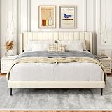 Gruwans King Size Bed Frame with Wingback Headboard, Upholstered Platform Bed, No Box Spring Needed, Sturdy Wooden Slat Support, Easy Assembly, Cream