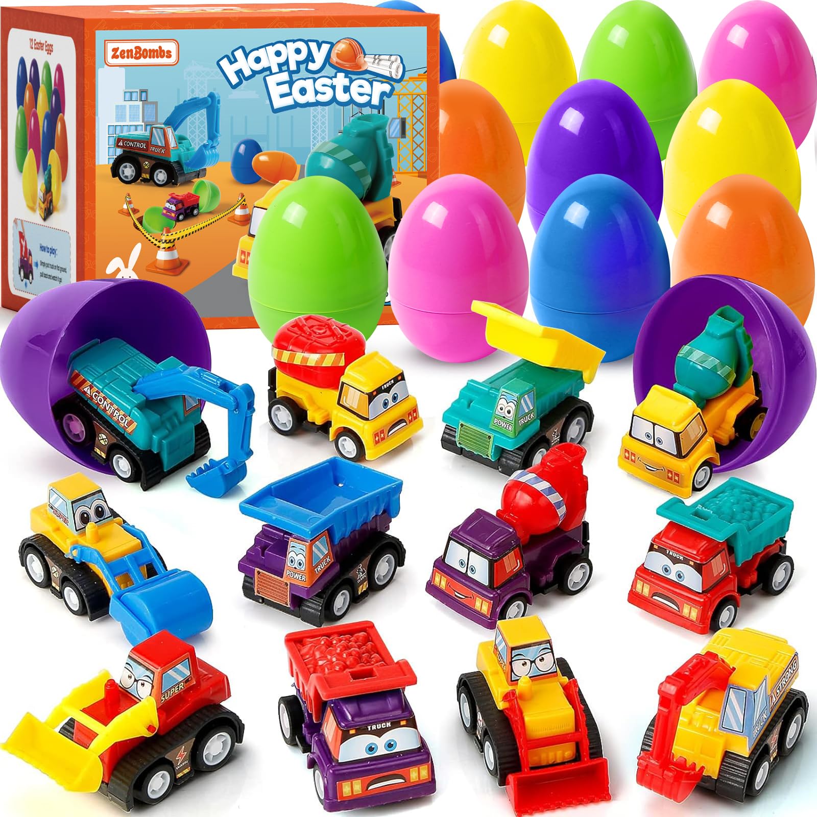 ZenBombs Easter Eggs with Toys Inside-12 PCS Colorful Plastic Easter Eggs Filled with Toy Vehicles for Kids-Surprise Egg for Easter Egg Hunt, Easter Basket Stuffers and Kids Birthday Party Favors