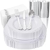 Nervure 175PCS Silver Plastic Plates - White and Silver Disposable Plates for 25 Guests Include 50Plates, 25Cups, 25Forks, 25Knives, 25Spoons, 25Napkins for Wedding & Party