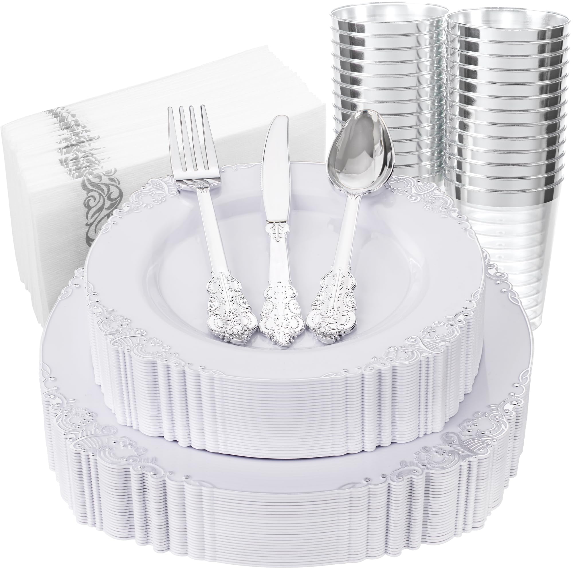 Nervure 175PCS Silver Plastic Plates - White and Silver Disposable Plates for 25 Guests Include 50Plates, 25Cups, 25Forks, 25Knives, 25Spoons, 25Napkins for Wedding & Party Image