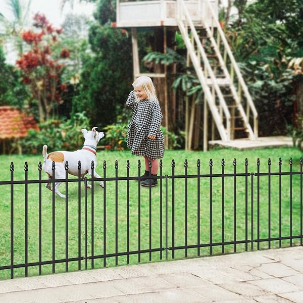 FOREHOGAR DECORATIVE METAL GARDEN FENCE 24 IN H X 10 FT L, BORDER FENCE PANELS ANIMAL BARRIER FOR DOGS, NO DIG GARDEN FENCING FOR YARD PATIO FLOWER BED LAWN OUTDOOR 5 PANELS + 6 STAKES BLACK