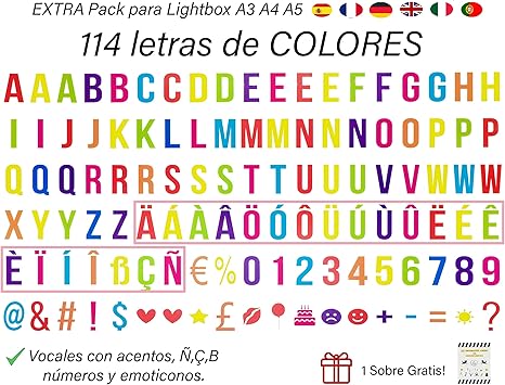 Pack De 114 Letras Decorativas En Varios Colores Para Cajas De Luz Led O Lightbox Y Compatible Con El Tamano A5 Y A3 Vocales Acentuadas Y Emojis Sin Caja Luz Amazon Es